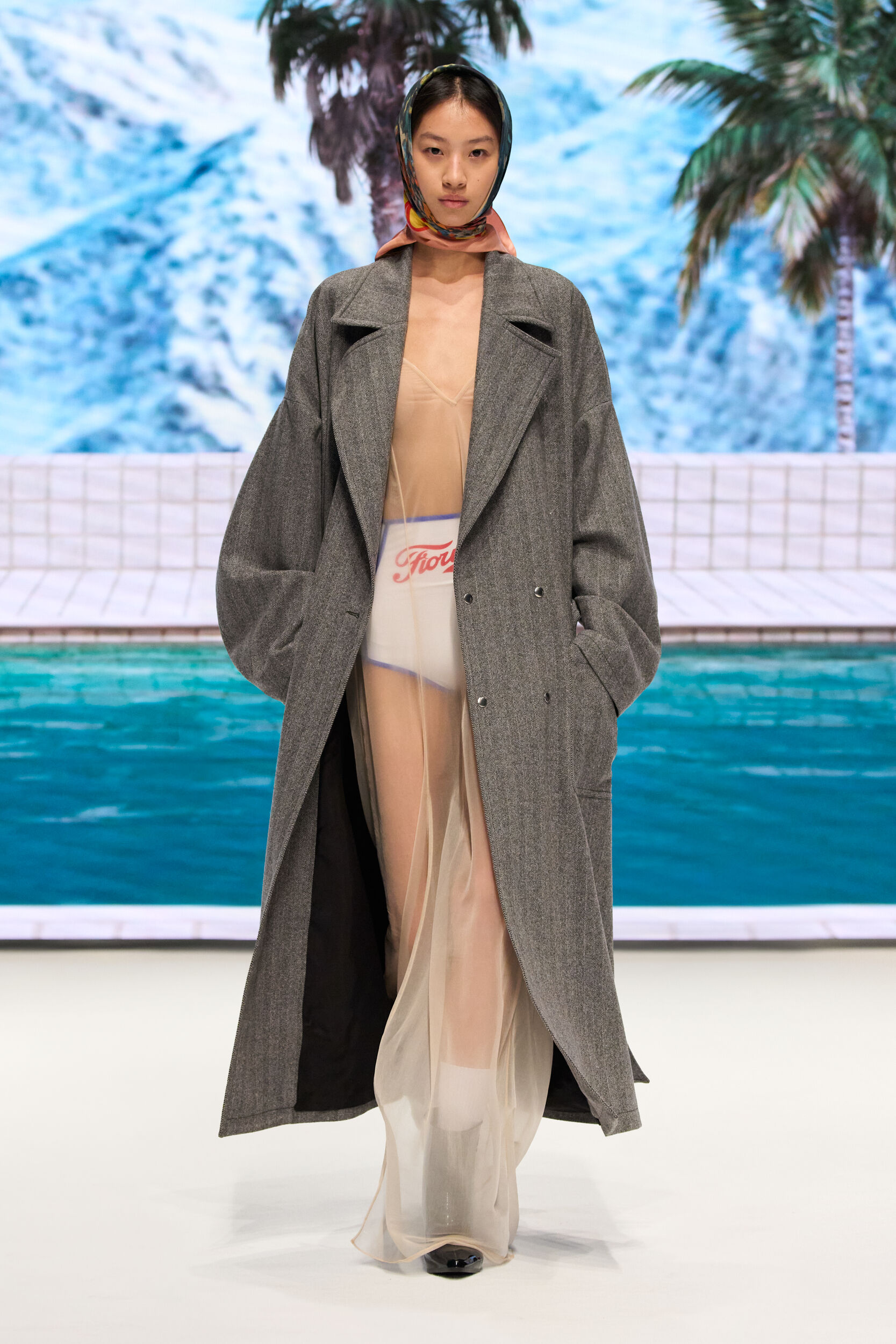 Fiorucci Official Online Store | Herringbone Maxi Coat Gray
